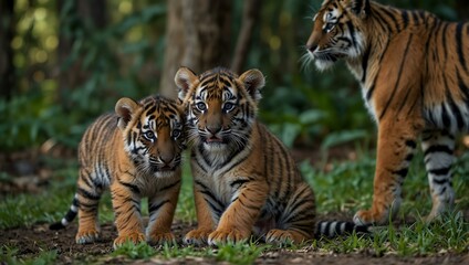 Fototapeta premium Cute Sumatran tiger cubs playing near their mother in the wild.