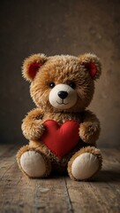 Cute teddy bear holding a heart for Valentine's Day.