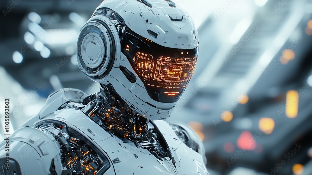 Poster Futuristic white robot with glowing orange internal components and a helmet displaying data.