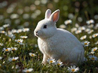 Fototapeta premium Cute white bunny in a field of daisies.