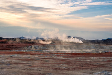 Hverir, Icelandic Hverarond, is a geothermal area in Myvatn. Hverir is near lake Myvatn, Krafla, northeastern region of Iceland, Europe.