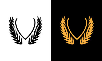 Golden and black laurel silhoutte wreath vector. Trophy, award, champion, competition concept badge, golden branch with leaves. Black circular foliate laurels with stars icon vector