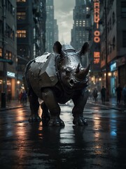Cybernetic rhino in an urban cityscape.
