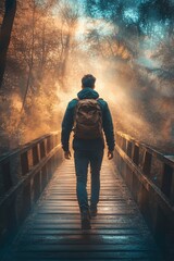 Fototapeta premium Man Walking on Wooden Bridge in a Misty Forest Surrounded by Glowing Trees and Ethereal Fog, Creating a Mystical Atmosphere of Adventure and Exploration