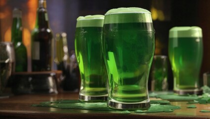 Glasses of festive green beer with foam on a wooden bar for a celebration