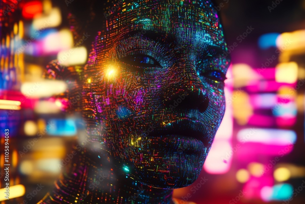 Poster abstract portrait of a futuristic individual with colorful digital patterns on face surrounded by bl