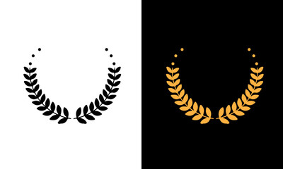 Golden and black laurel silhoutte wreath vector. Trophy, award, champion, competition concept badge, golden branch with leaves. Black circular foliate laurels with stars icon vector