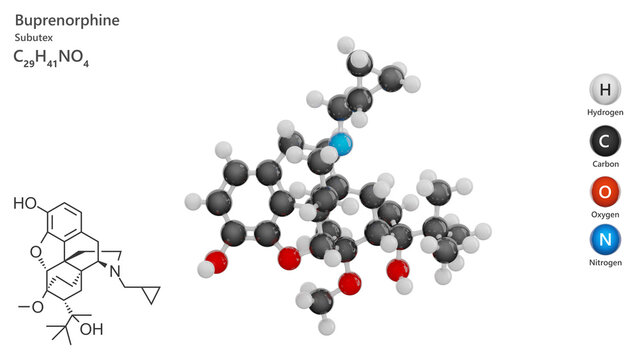 Molecule: Buprenorphine. Drug. Molecular structure. Formula: C29H41NO4. Chemical model: Ball and stick. White background. 3D illustration.