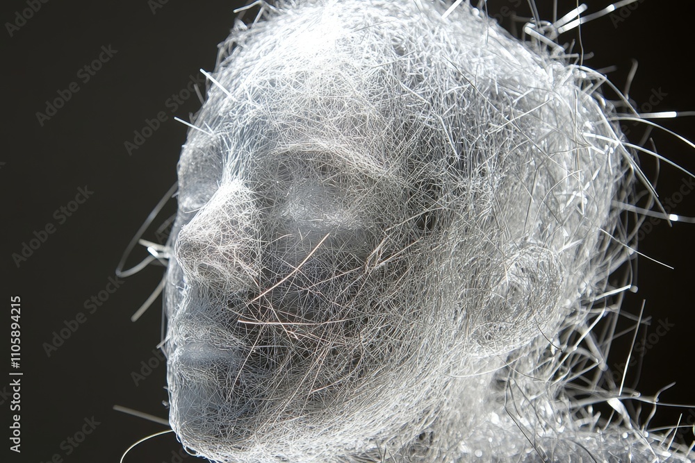Poster abstract representation of a human face constructed with fine, delicate threads highlighting the int