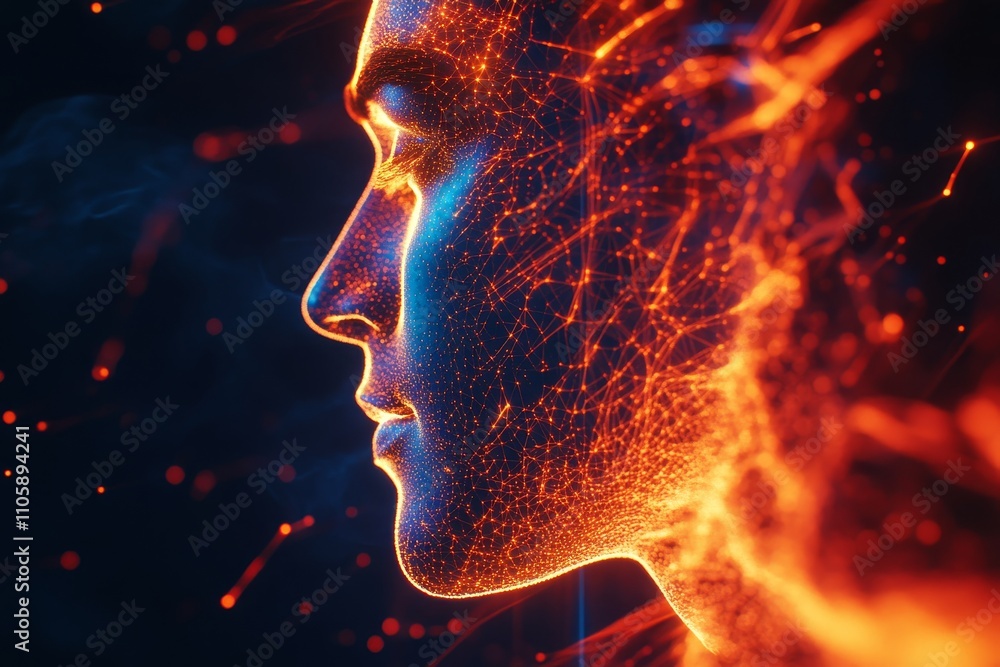 Poster abstract representation of a human face with glowing neural connections, symbolizing advanced techno