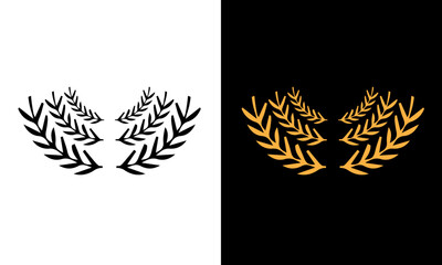 Golden and black laurel silhoutte wreath vector. Trophy, award, champion, competition concept badge, golden branch with leaves. Black circular foliate laurels with stars icon vector