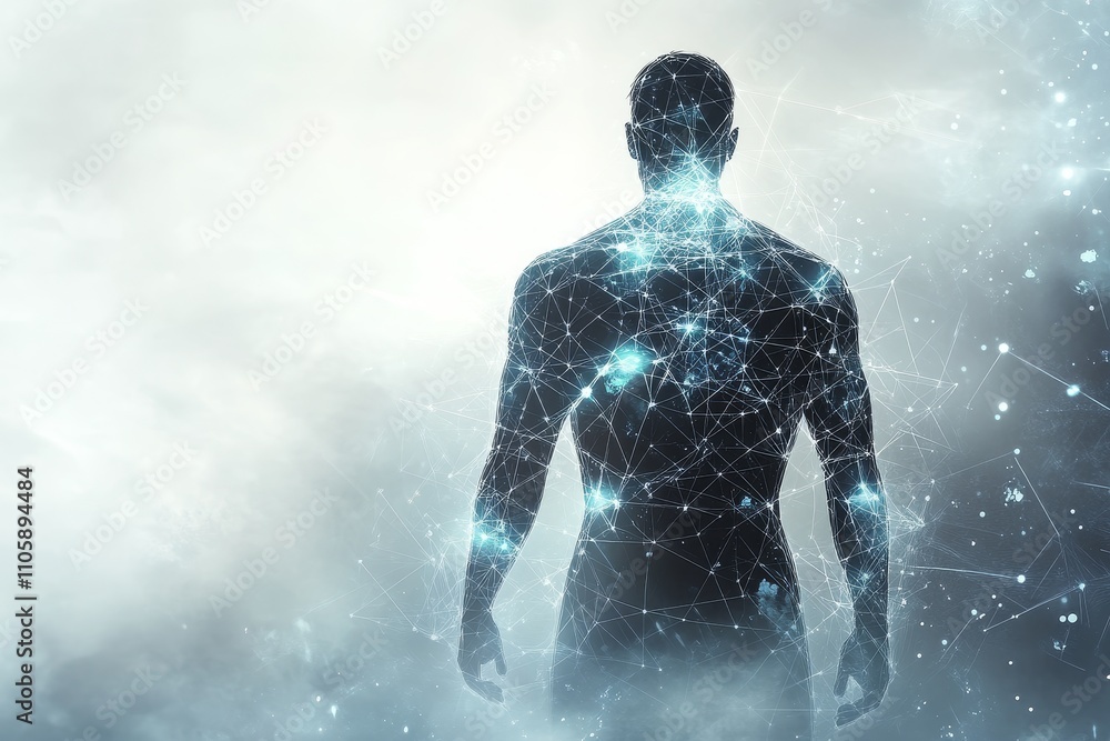 Poster abstract representation of a human figure surrounded by a network of glowing particles symbolizing c