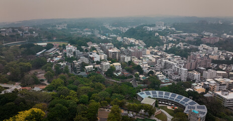Aerial view of urban landscape in Changhua Taiwan highlighting green spaces and buildings