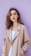 A captivating portrait of a woman with flowing hair, wearing a beige trench coat. The soft purple background enhances her natural beauty and elegant style.