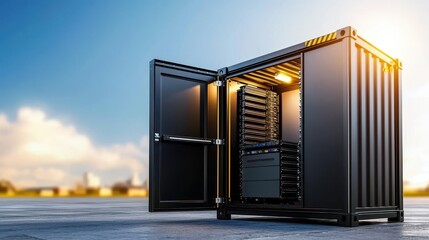 Modern Shipping Container with Server Rack Open in Bright Environment