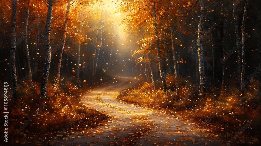 Aufkleber magical autumn path through a golden forest with sunlight filtering through