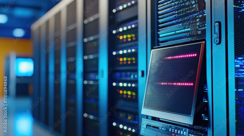 Poster modern data center with high-tech server racks and colorful lights