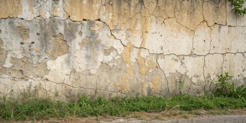 A weathered wall, showing age and decay, with cracks and crumbling plaster, stands in front of a patch of resilient greenery.
