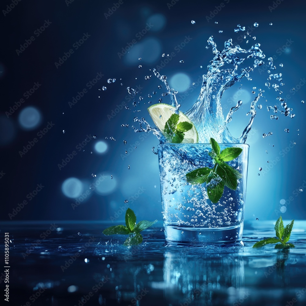 Poster refreshing splash of water with mint leaves and lime slice in a glass against a blue background crea