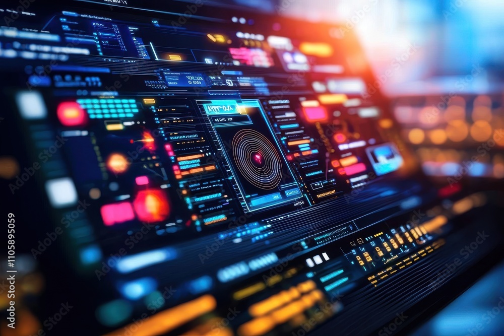 Poster futuristic digital interface with colorful data visualizations and charts