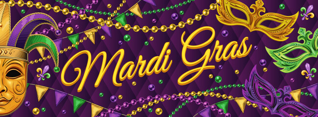 Horizontal carnival poster with half masks, golden venetian mask in jester harlequin hat, pennants garland, beads, text. Ticket, invitation design for Mardi Gras carnival, party in vintage style