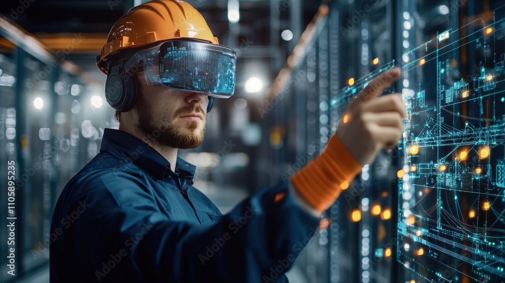 Poster engineer in hard hat utilizing virtual reality technology for data