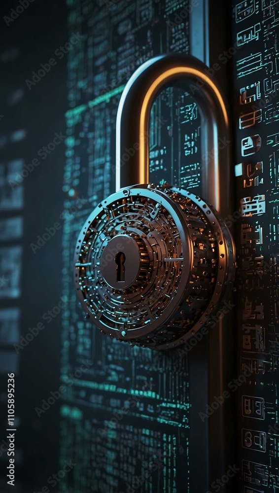 Poster cybersecurity concept with a digital lock on a network.