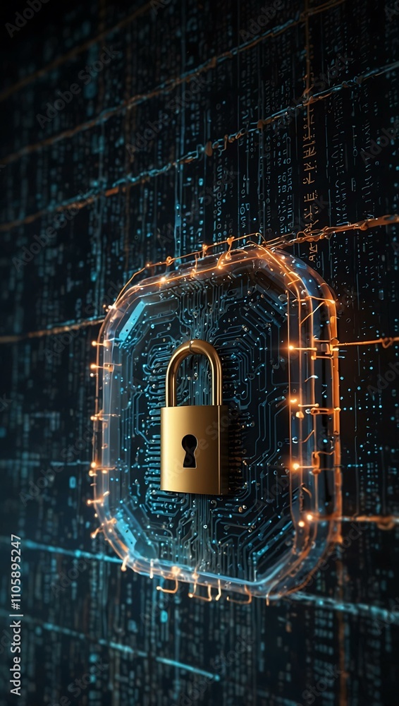 Poster cybersecurity concept with a digital lock on a network.