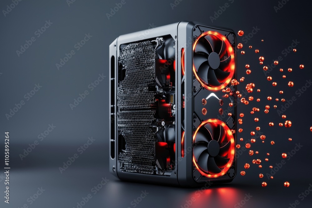 Poster futuristic computer case with rgb fans and dynamic particle effect