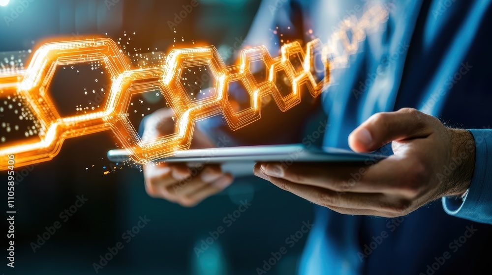 Poster hands holding tablet with digital network graphic in background
