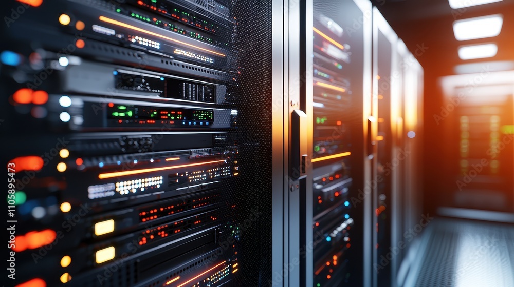 Aufkleber data center with servers and illuminated network connections