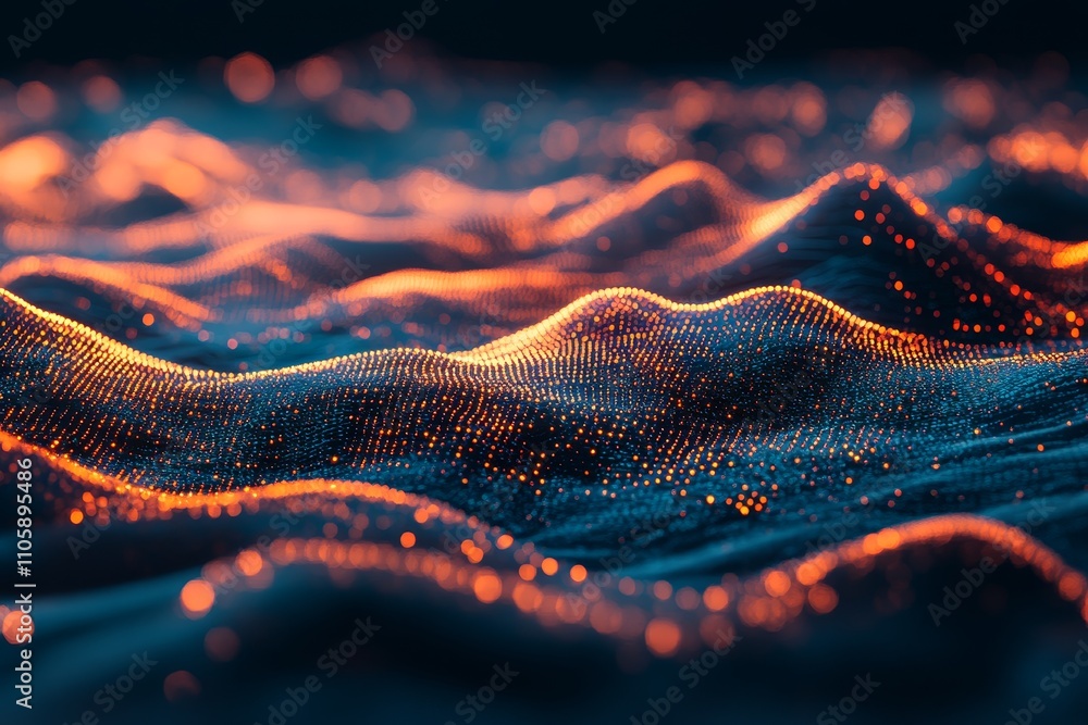 Poster Abstract representation of flowing waves with glowing particles showcases a mesmerizing blend of colors and textures, creating a futuristic landscape inspired by digital art and technology.