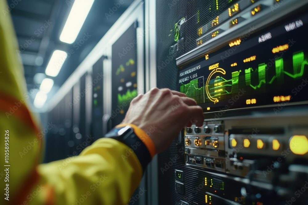 Poster technician adjusts server configuration in modern data center setting