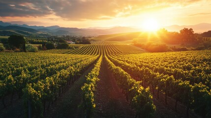 Sunset over scenic vineyard rows