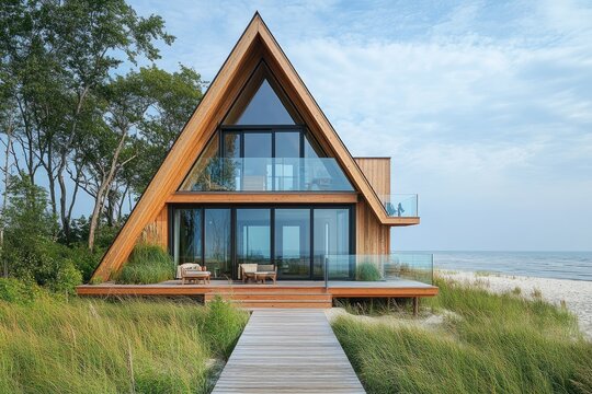 Modern a-frame wooden cabin inspiring wanderlust on secluded beach