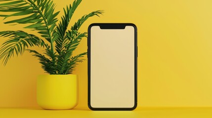 Smartphone next to a potted plant on a yellow background