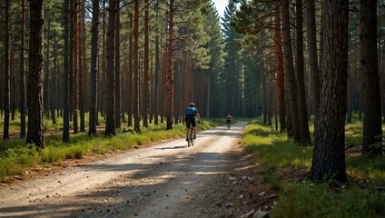 Cyclist riding on a gravel road through a pine forest.