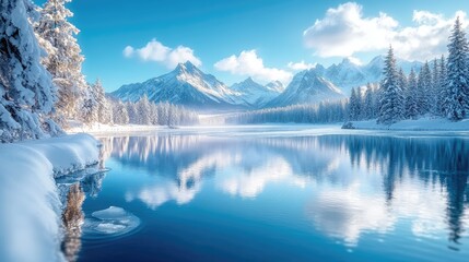 Stunning winter landscape reflecting on eibsee lake with zugspitze mountain in background