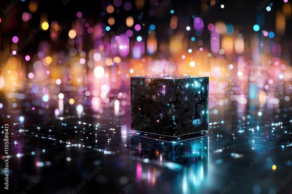 Poster abstract glowing cube on shimmering background with vibrant lights