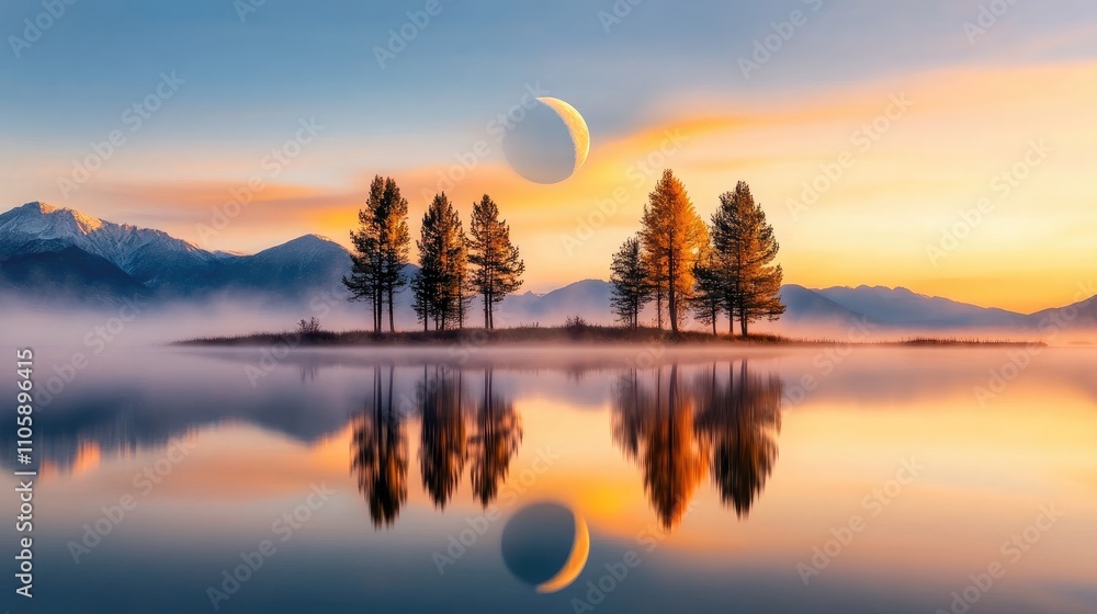 Poster tranquil sunset reflection with a partial eclipse over a serene lake surrounded by majestic mountain
