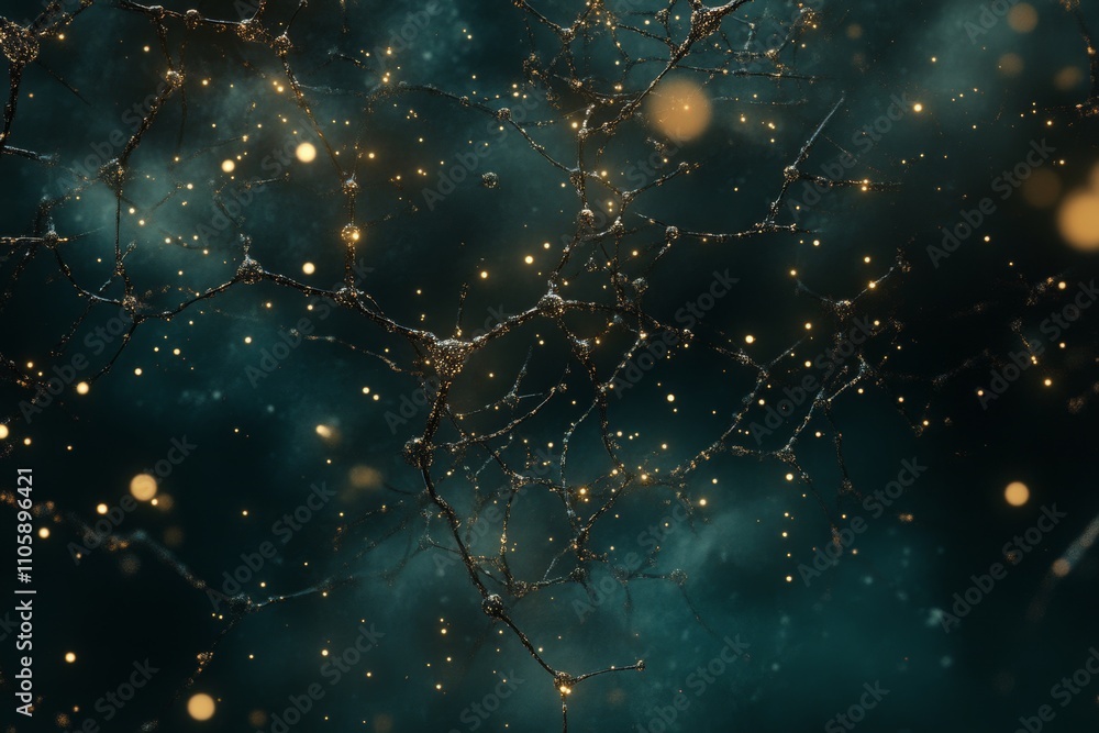 Poster an abstract close-up of twinkling particles and delicate filaments against a dark background, creati