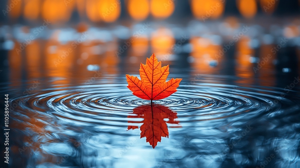 Poster tranquil autumn leaf floating on serene stream with reflections
