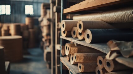 Industrial paper rolls stored in a factory warehouse.