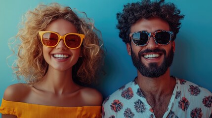 Obraz premium Happy couple smiling and wearing sunglasses on blue background