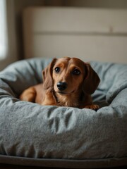 Dachshund resting in a small bed.