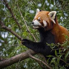 A red panda curled up in the branches of a tree.