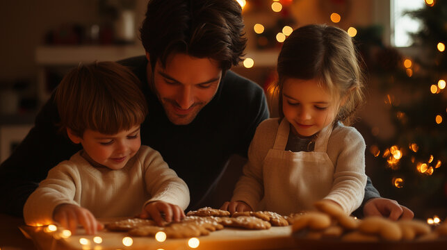 Father and children baking cookies for Christmas, warm holiday moment