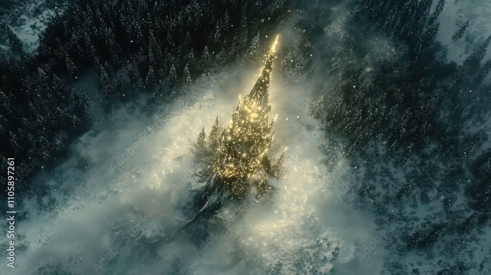 Poster enchanted tower surrounded by snowy forest with sparkling lights and mystical aura captured from abo