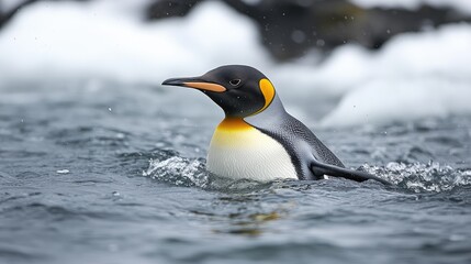 King penguin swimming in water with splashing water droplets