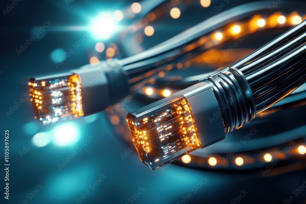 Poster close-up of ethernet cables with glowing connectors on abstract background